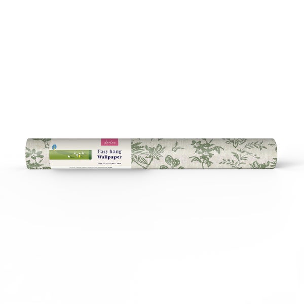 Joules Easy Hang Tapetenrolle mit botanischem Blumenmuster und Leinenoptik.