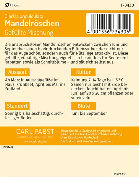 Rückseite einer Samentüte für Mandelröschen mit Anbauhinweisen. Tekwest Logo. Carl Pabst Logo.