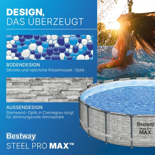 Bestway Steel Pro MAX Aufstellpool mit Steinwand-Optik in Cremegrau und Boden mit blauem Kieselmosaik. Bestway Logo.