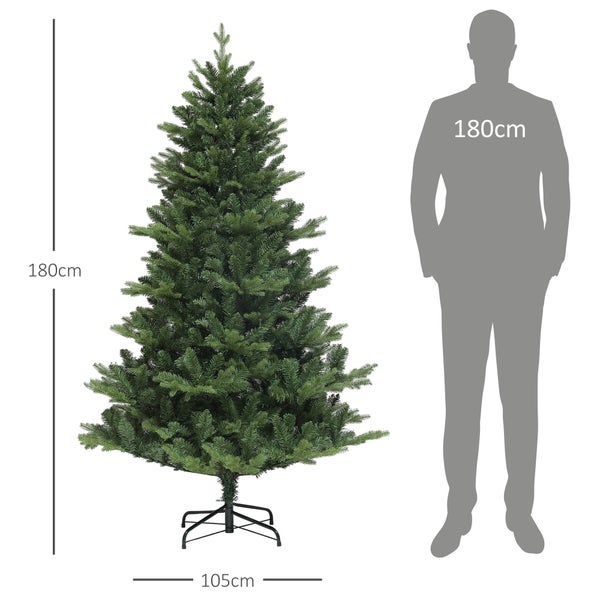 Künstlicher Weihnachtsbaum mit grünen Nadeln und schwarzem Metallständer, Höhe 180 Zentimeter, Breite 105 Zentimeter, mit Größensilhouette.