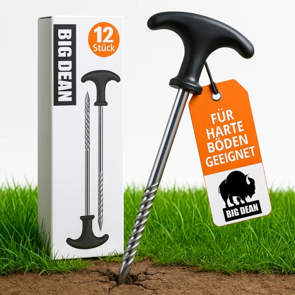 Big Dean Erdnagel Set mit 12 Stück und dem Hinweis geeignet für harte Böden