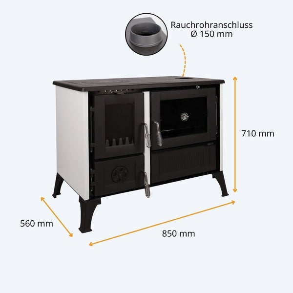 Küchenofen mit den Maßen 850 mal 710 mal 560 Millimeter und einem Rauchrohranschluss von 150 Millimeter Durchmesser.