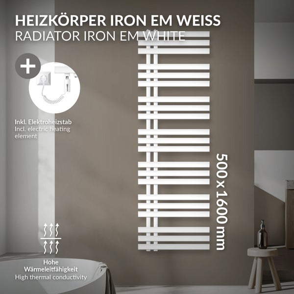 LuxeBath Elektrischer Badheizkörper Iron EM 500x1600mm Weiß + Heizstab 1200W mit Thermostat Touchbedienung, Handtuchheizkörper mit Heizpatrone, Elektro Handtuchwärmer Paneelheizkörper Designheizkörper