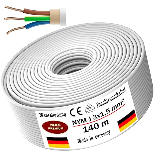 Mantelleitung NYM-J 3x1,5 Quadratmillimeter, Feuchtraumkabel, 140 Meter, MAS Premium Logo, CE und VDE Kennzeichnung.