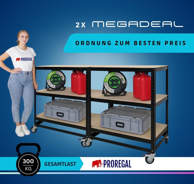 Zwei schwarze fahrbare Schwerlastregale von Proregal mit einer Gesamtlast von 300 Kilogramm und drei Ebenen. Proregal Logo.