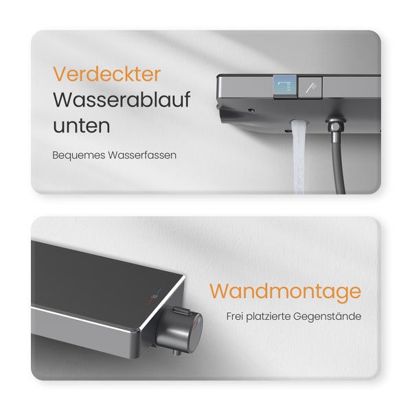 EMKE Duschsystem 601x395x135 mm mit Handbrause, Ablagearmatur, Höhenverstellung und 3 Strahlarten, mit Neoperl-Perlator & integriertem Filter, für Badezimmer, Matt Anthrazit