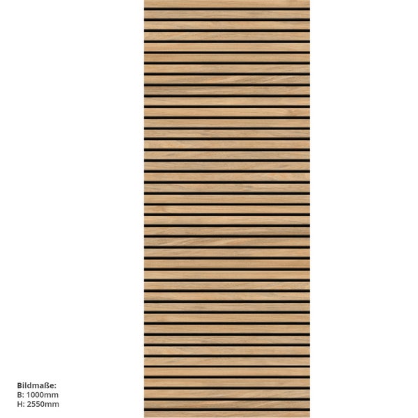 Akustikpaneel mit horizontalen Holzlamellen, Breite 1000 Millimeter, Höhe 2550 Millimeter.