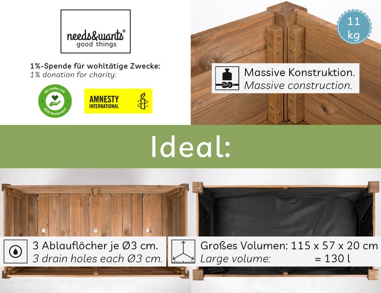 needs&wants® Großes Hochbeet aus Holz für Garten Balkon Terrasse, Pflanzkasten Bausatz XL rechteckig schmal mit Vlies-Folie, Kräuterbeet Pflanzenkasten deko, dunkel-braun