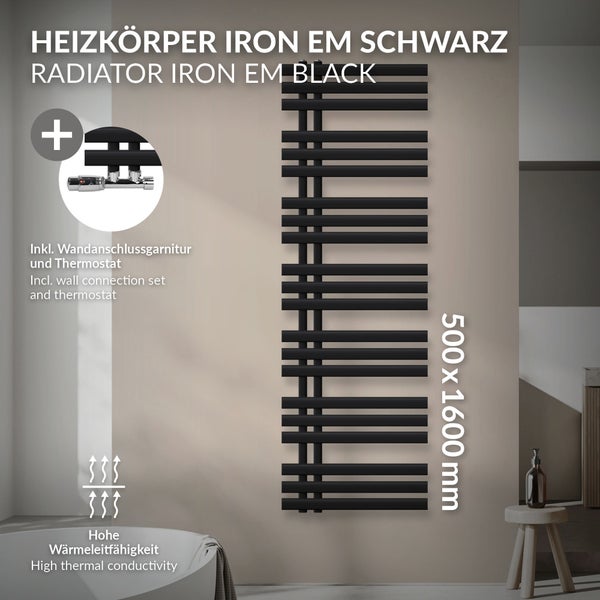 Illustration eines schwarzen Heizkörpers mit Informationen zu Ablassventil, Gewinde G 1/2 Zoll, Abstand 50 mm, Wandanschluss, Bodenanschluss, Universalanschluss und Elektroheizstab