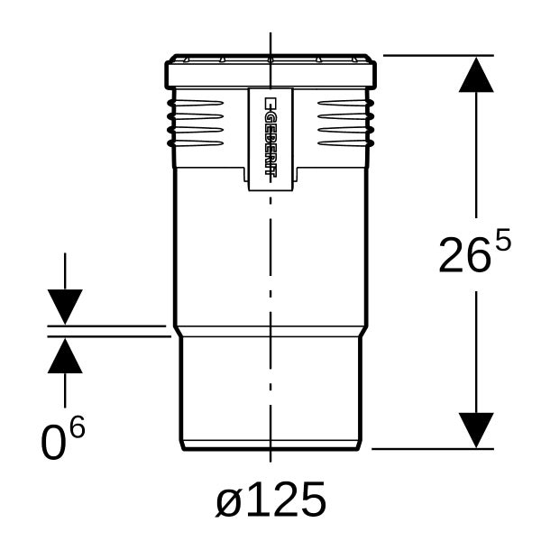 Technische Zeichnung einer Geberit Rohrverbindung mit einem Durchmesser von 125 Millimeter und einer Höhe von 26,5 Zentimeter. Geberit Logo.