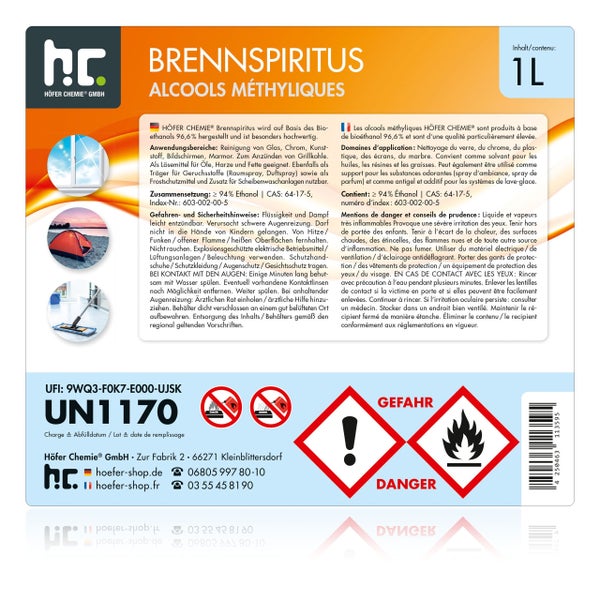 Set mit sechs Flaschen Brennspiritus mit je einem Liter Inhalt