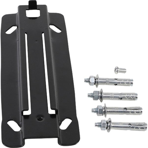 Schwarze Montageplatte aus Metall mit vier Schwerlastankern und einer Schraube.