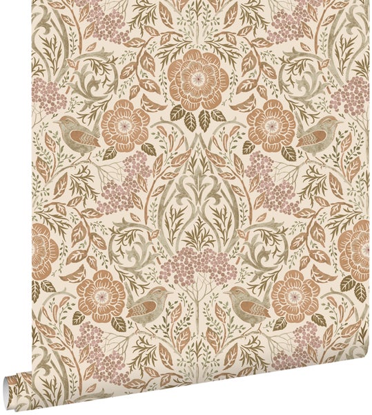 ESTAhome Tapete Blumen und Vögel im Jugendstil Sandbraun, Beige und Altrosa - 0.53 x 10.05 m - 139566