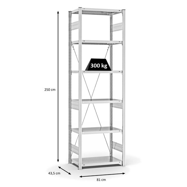 PROREGAL Fachbodenregal Stecksystem T-Profil Heavy-Duty Grundregal HxBxT 250 x 75 x 40 cm 6 Ebenen Fachlast 300 kg Einseitig Nutzbar Lichtgrau