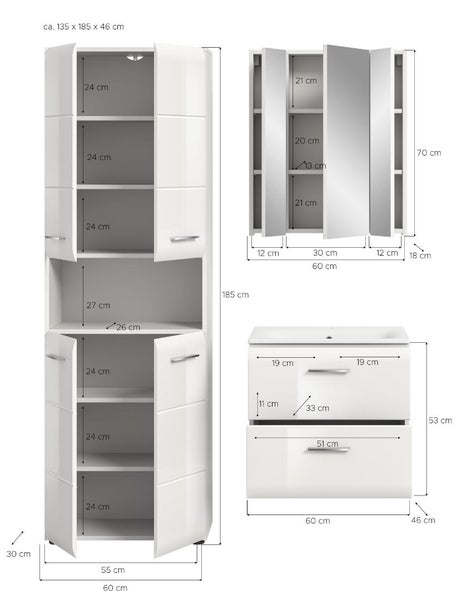 Maßzeichnung für ein weißes Badezimmermöbel-Set mit Hochschrank, Spiegelschrank und Waschtischunterschrank mit Angaben in Zentimetern.