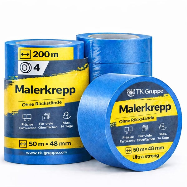TK Gruppe Malerkrepp Set, 4 Rollen blaues Abdeckband, 50 Meter mal 48 Millimeter, rückstandsfrei entfernbar, für präzise Farbkanten.