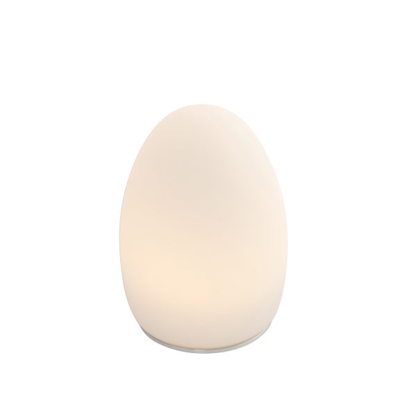 Eiförmige Tischleuchte aus mattiertem Glas mit flachem Metallsockel.