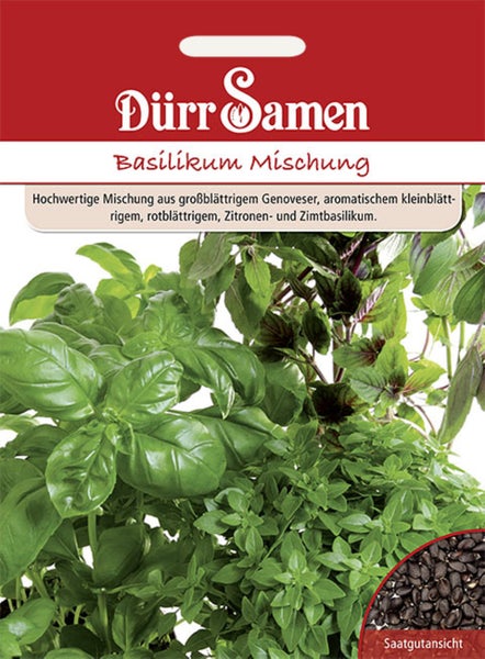 Samentüte für eine Basilikum-Mischung von Dürr Samen mit verschiedenen Sorten wie Genoveser, kleinblättrigem, rotblättrigem, Zitronen- und Zimtbasilikum.