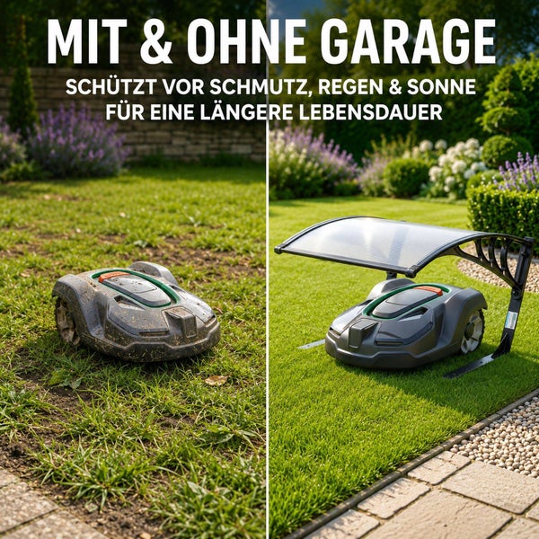 Vergleich eines Mähroboters ohne Schutz und unter einer Mähroboter Garage im Garten zum Schutz vor Schmutz und Wetter.