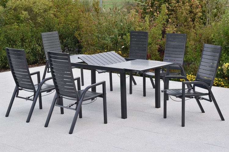 Siros Gartenmöbelset 7tlg., 6 Sessel verstellbar durch Gasdruck, Ausziehtisch 150 (200) x 90 cm, Tischplatte aus Aluminium