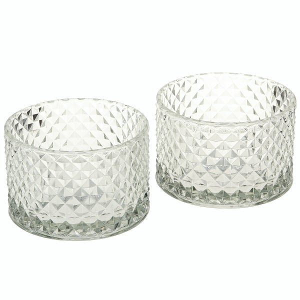 Glaswindlicht mit Rautenmuster, Durchmesser 10,5 Zentimeter, Höhe 7 Zentimeter.