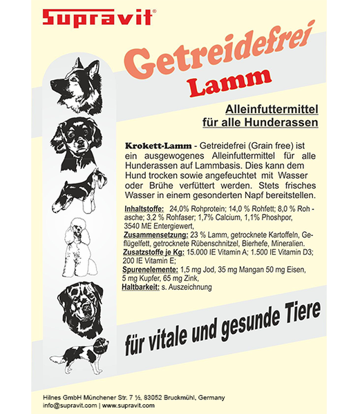 Informationen zu Supravit Hundefutter getreidefrei mit Lamm für alle Hunderassen