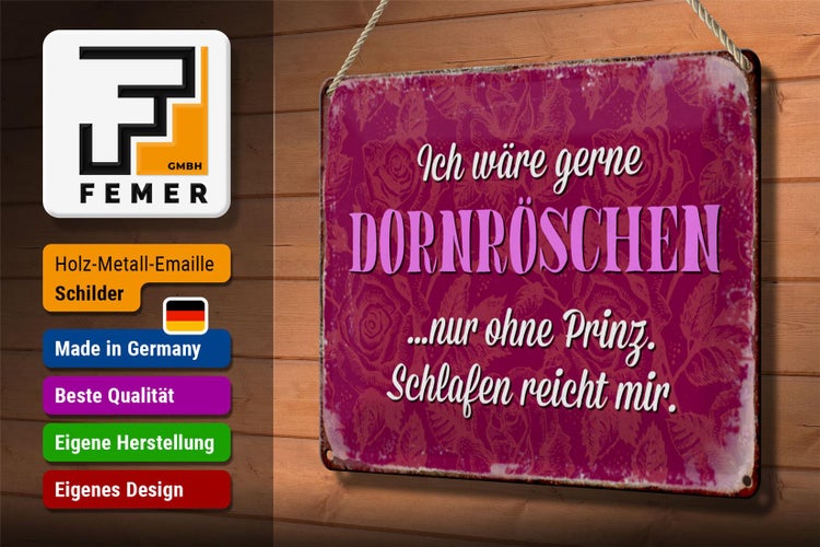 Blechschild Spruch 30x20cm ich gerne Dornröschen ohne Prinz