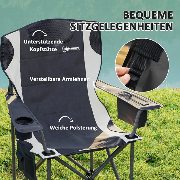 Outsunny 2er Set Faltstuhl faltbar Campingstuhl mit Armlehnen Getränkehalter Kopfstütze Kühltasche Outdoor Klappstuhl bis 120kg belast gepolstert Angelstuhl Gartenstuhl für Garten Camping
