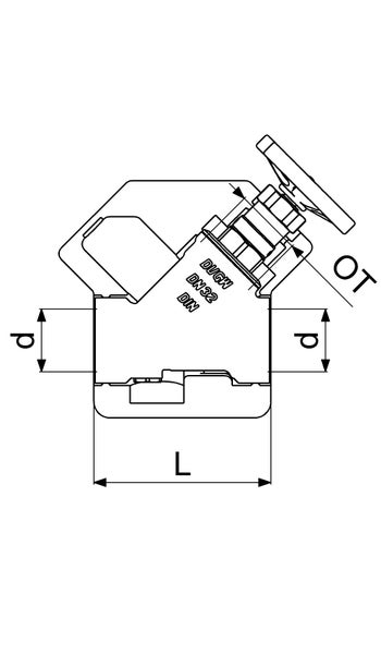 Technische Zeichnung eines Schrägsitzventils DN 32 mit Maßangaben für Durchmesser d, Gesamtlänge L und Oberteilhöhe OT.