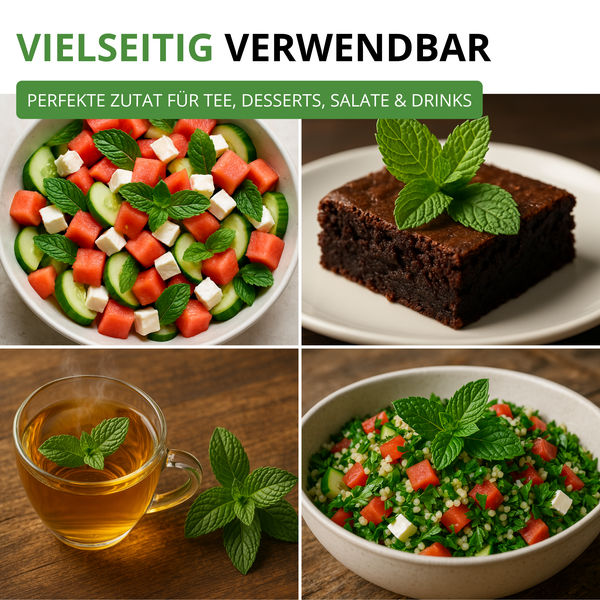 Vielseitige Verwendung von Minze in Tee, Gebäck und verschiedenen Salaten wie Wassermelonen-Feta-Salat und Tabbouleh.