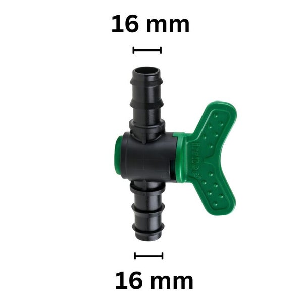 Absperrventil aus Kunststoff für Tropfschläuche mit 16 Millimeter Anschluss und grünem Griff.