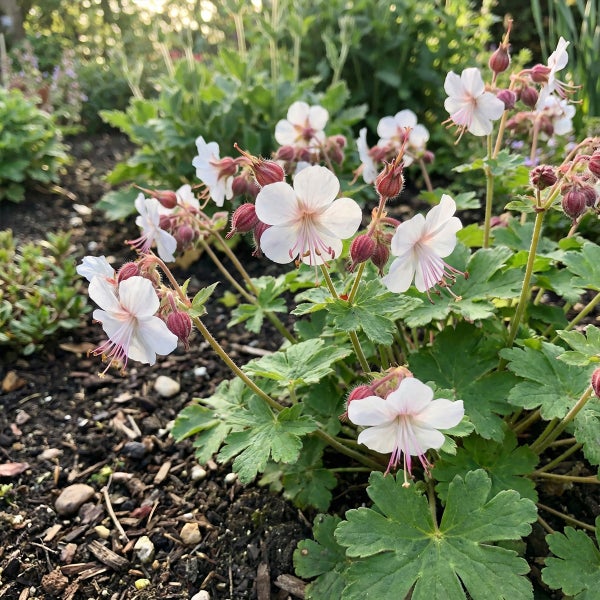 Weiß blühender Balkan-Storchschnabel Geranium macrorrhizum Album mit grünen Blättern in einem Gartenbeet.