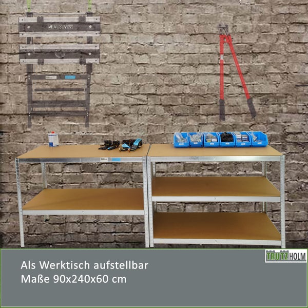 Trutzholm Schwerlastregal, umbaubar zum Werktisch, Maße 90x240x60 cm, vielseitig einsetzbare Werkstatteinrichtung aus Metall und Holz