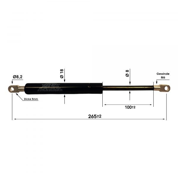 Gasdruckfeder, 100 Millimeter Hub, Gesamtlänge 265 Millimeter, Kolbenstange 8 Millimeter, Zylinder 18 Millimeter Durchmesser, Gewinde M6.