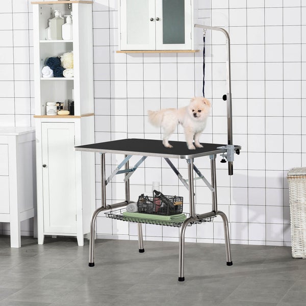 PawHut Trimmtisch, L90 x B60 x H75 cm, Gummi, Edelstahl, Schwarz