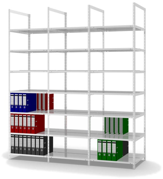 PROREGAL Aktenregal Schraubsystem Grundregal HxBxT 255 x 75 x 60 cm 7 Ebenen Fachlast 90 kg Ohne Deckboden Beidseitig Nutzbar Lichtgrau