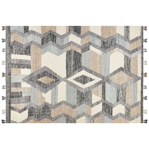 Rechteckiger Teppich mit geometrischem Rauten- und Zickzackmuster in Beige und Grau mit Quasten.