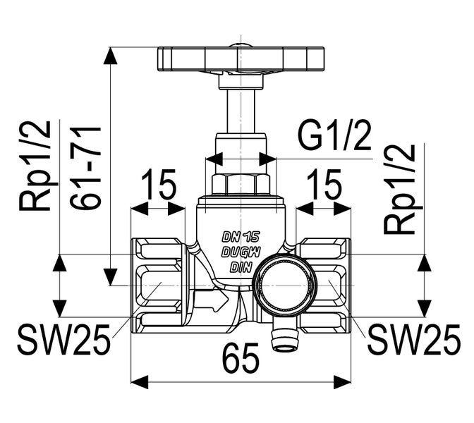 Maßzeichnung eines Ventils mit Nennweite 15 und Anschluss ein halb Zoll, zeigt Montageabmessungen in Millimetern für die Installation.