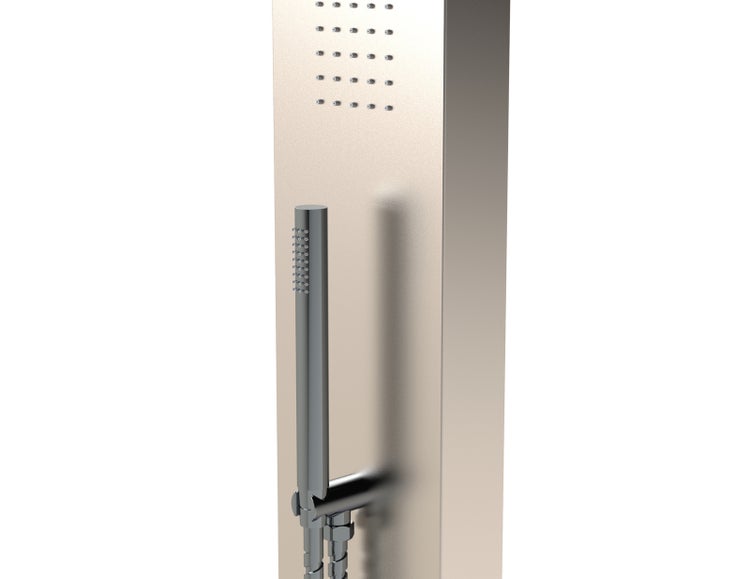 Moderne Duschsäule mit integrierter Regendusche und stabförmiger Handbrause.