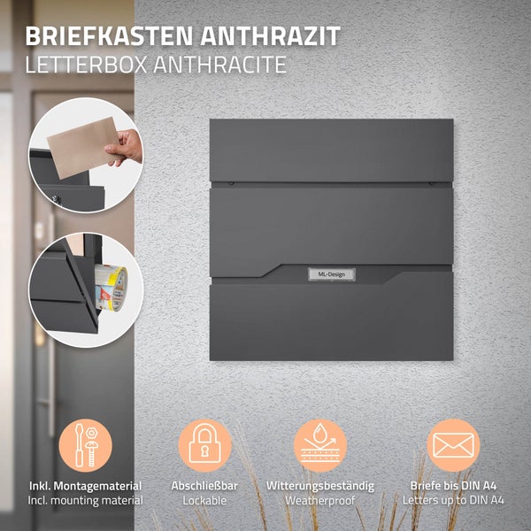 Moderner Briefkasten in Anthrazit mit Zeitungsfach, abschließbar und wetterfest, für Briefe bis DIN A4, inklusive Montagematerial.