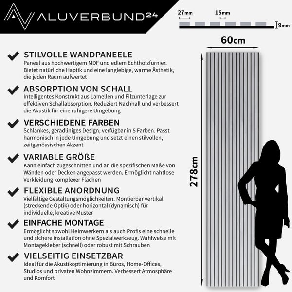 Illustration einer Schallschutzwand mit Maßangaben: 278 cm Höhe, 60 cm Breite, Lamellenstärke 9 mm, Lamellenabstand 15 mm, Lamellenbreite 27 mm