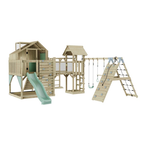 Spielplatz mit Spielhaus, Rutsche, Kletterwand und Schaukel