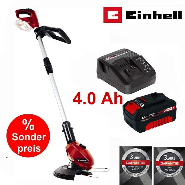 Einhell Akku Rasentrimmer mit 18 Volt 4.0 Amperestunden Power X-Change Akku und Ladegerät inklusive Garantiehinweisen.