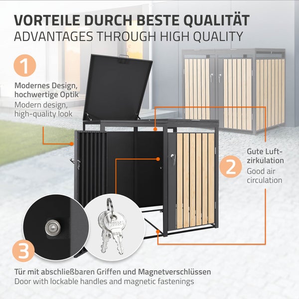 Mülltonnenbox aus Metall mit Holzlatten: Modernes Design, gute Luftzirkulation sowie abschließbare Griffe und Magnetverschlüsse.