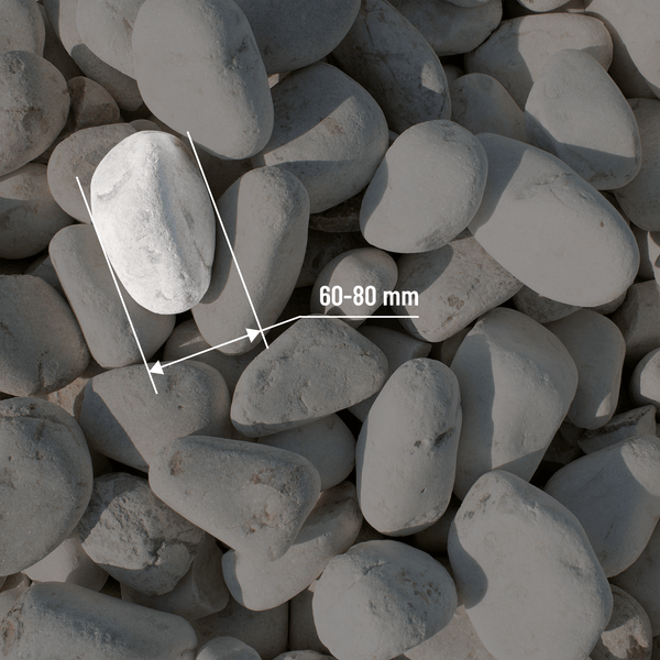 Abgerundete Ziersteine und Flusskiesel in der Größe 60 bis 80 Millimeter für Garten und Landschaftsbau.