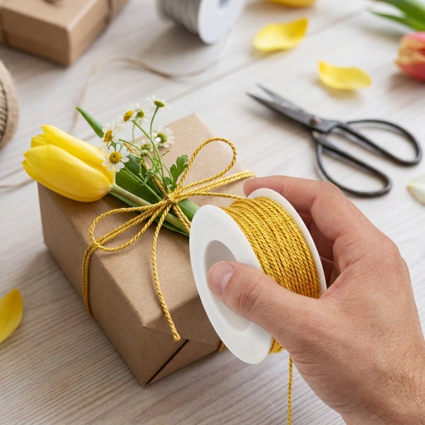 Eine Hand hält eine Spule mit Dekokordel zum Verpacken eines Geschenks mit Tulpe und Kamillenblüten.