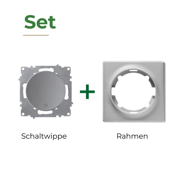 Set bestehend aus einer Schalwippe und einem Rahmen für einen Lichtschalter oder Dimmer.