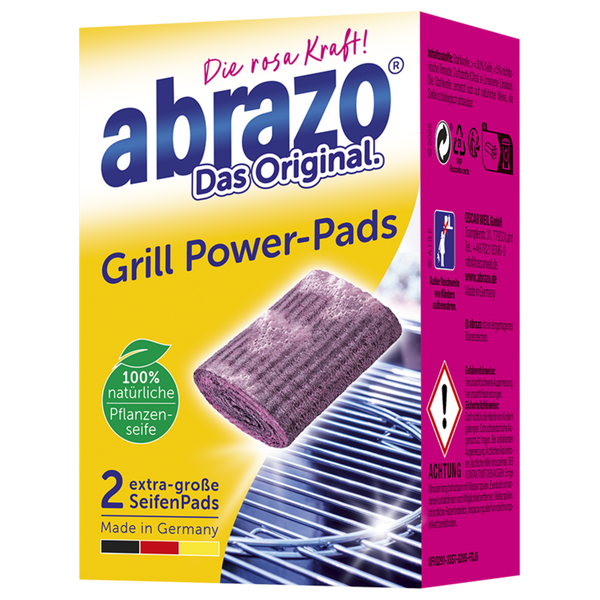 Packung mit 2 extra großen abrazo Grill Power-Pads Seifenkissen aus Stahlwolle mit 100 Prozent natürlicher Pflanzenseife zur Grillreinigung.