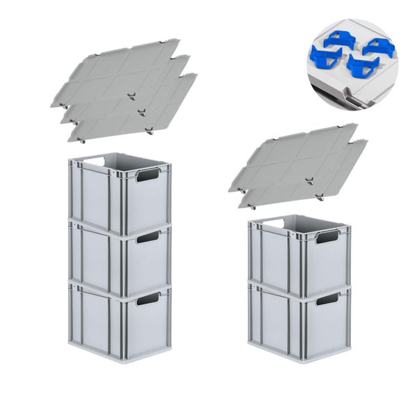 PROREGAL Spar Set 5x Eurobox Nextgen Economy Mit Auflagedeckel & 4x Schiebeschnappverschlüsse Blau Griffe Offen HxBxT 32 x 30 x 40 cm 30 Liter