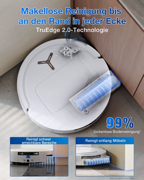Weißer Staubsaugerroboter mit TruEdge 2.0-Technologie für eine makellose Reinigung bis in jede Ecke